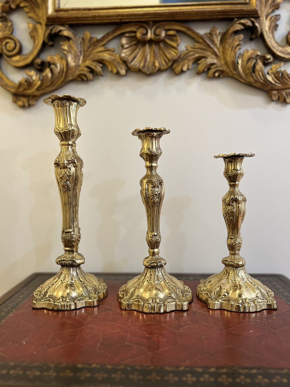 Large Ornate Brass Candle Stick Holders Decorative Floral Leaf Design Vintage