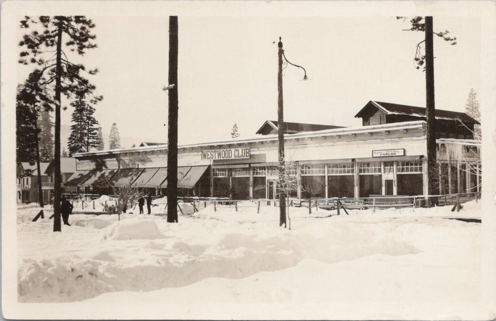 RPPC Westwood California Winter Street Scene Club Billiard Parlor 1910s Lassen 