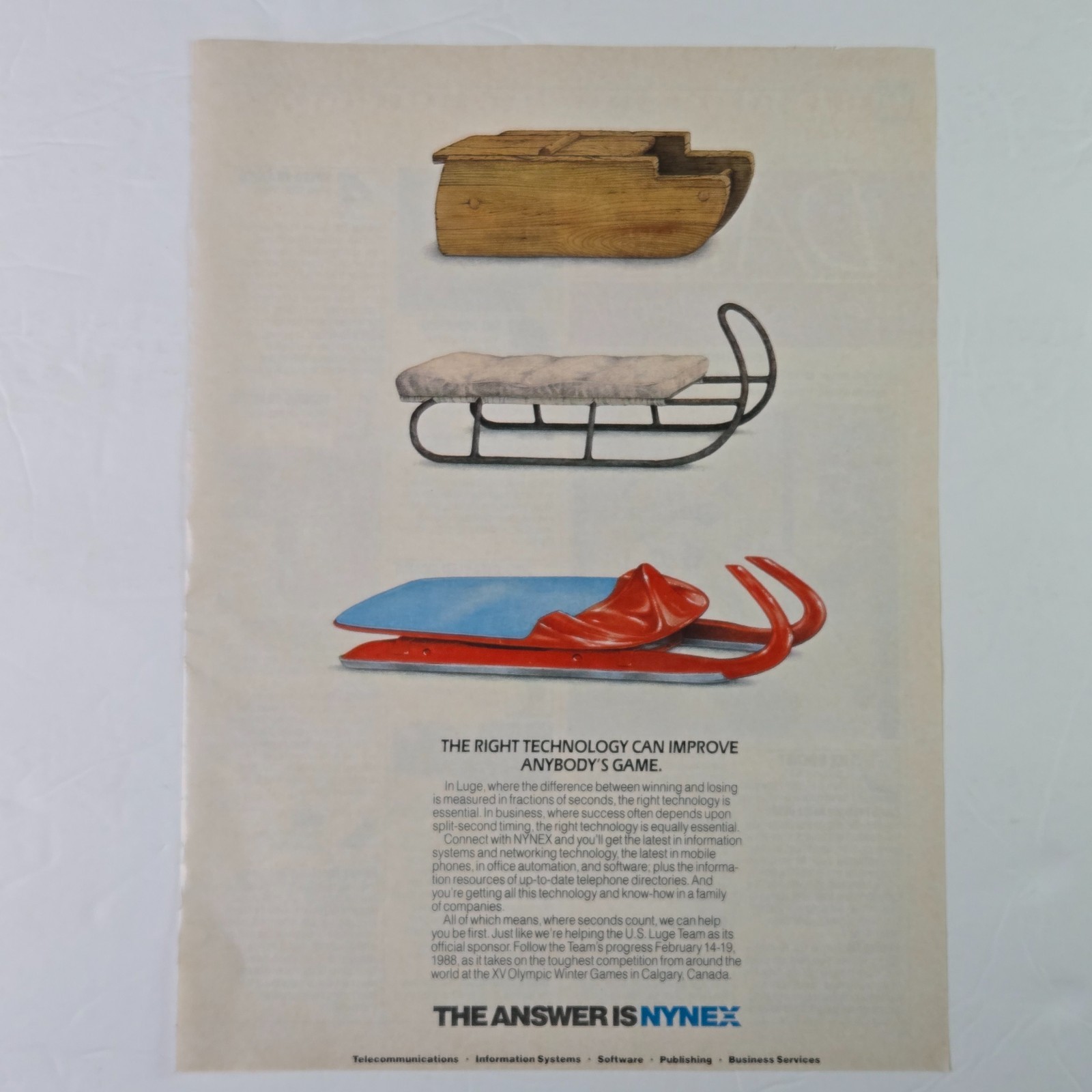 1988 NYNEX Print Ad Winter Olympics Ski Sleds telecom Luge Sled Vintage