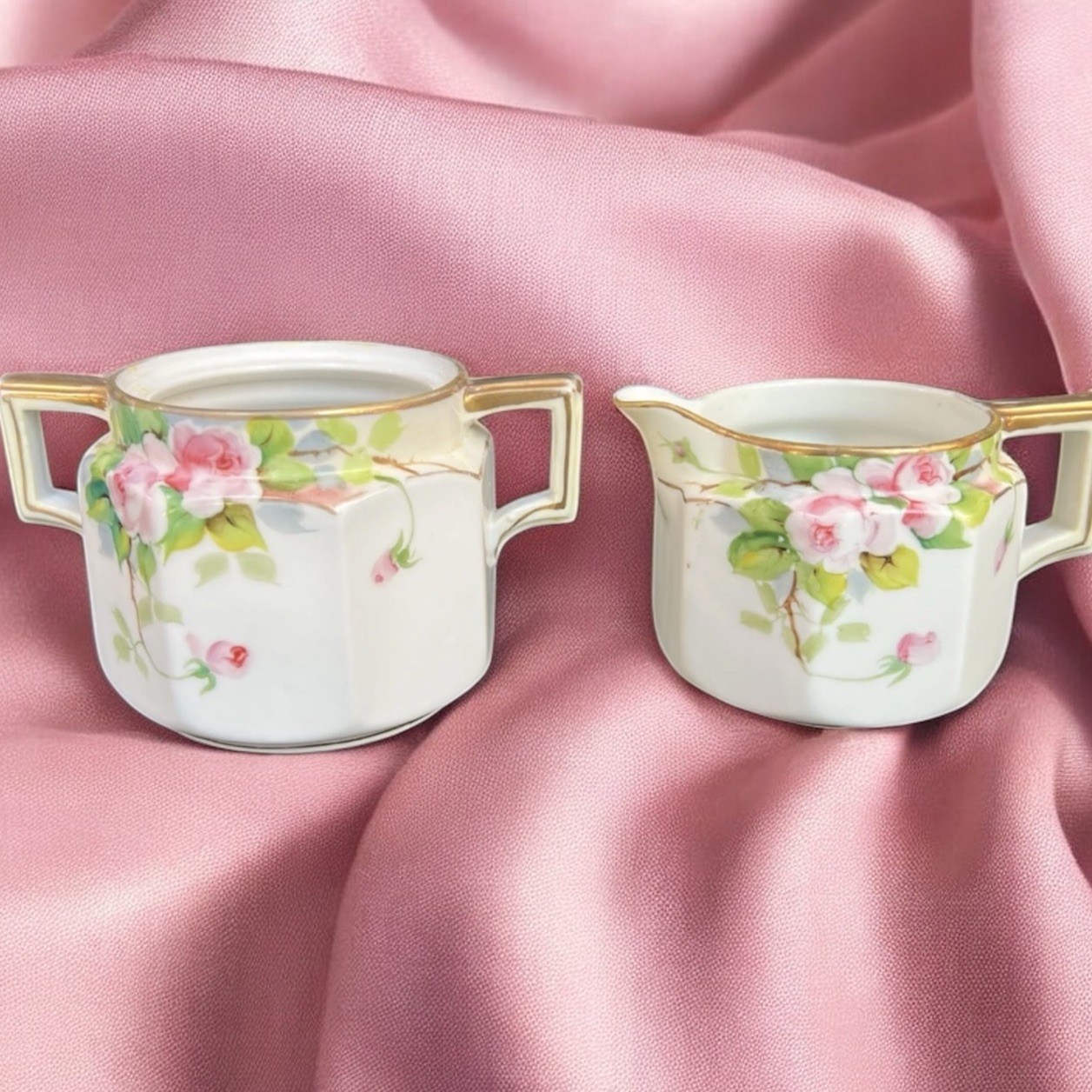 VTG Hand Painted Nippon Porcelain Creamer & Sugar Bowl Pink Floral Gold Trim