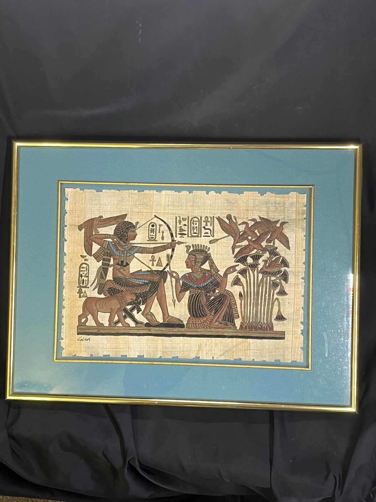 VINTAGE SIGNED HAND PAINTED KING PHAROH TUTANKHAMUN PAPYRUS 12 X 16” /Fine Art