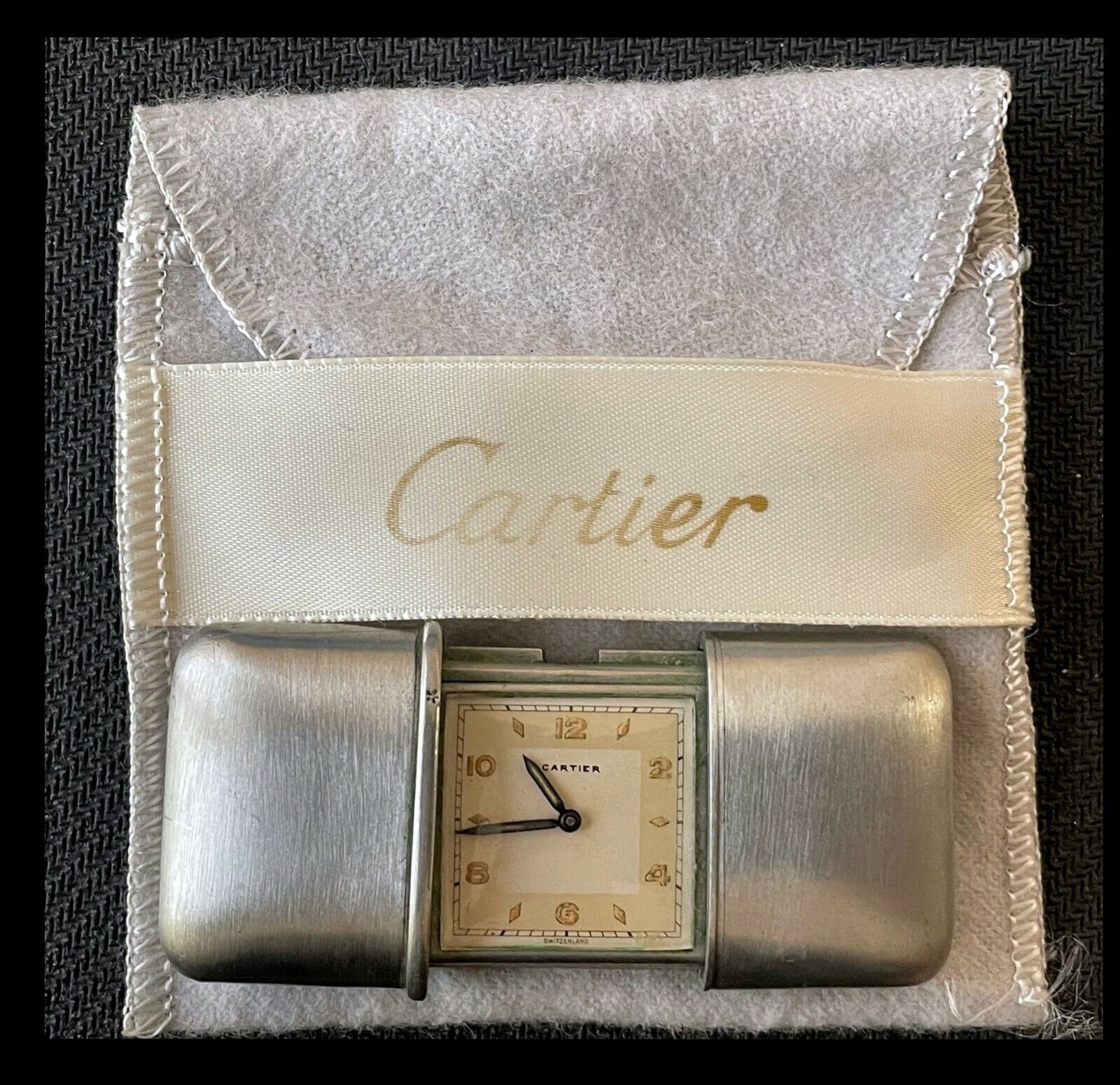 WORKING MOVADO FOR CARTIER SILVER TRAVEL CLOCK ERMETO ART DECO missing ROTOR 