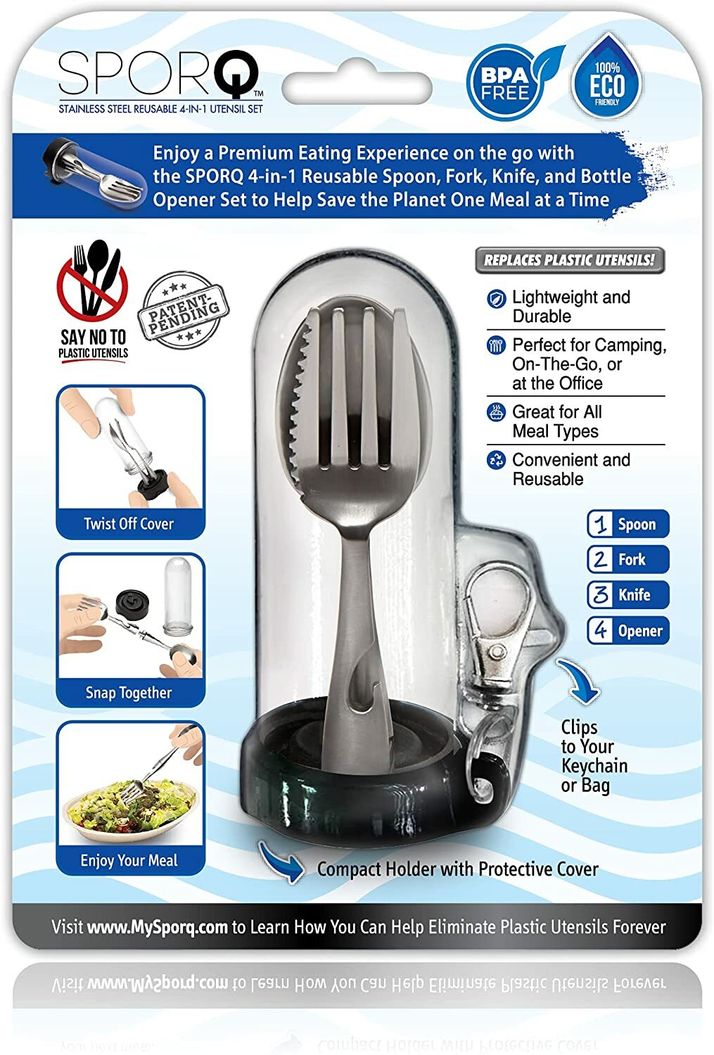 SPORQ Stainless Steel Portable Reusable Travel Utensils, Spoon Fork and Knife SPORQ Stainless Steel Portable Reusable Travel Utensils, Spoon Fork and Knife
