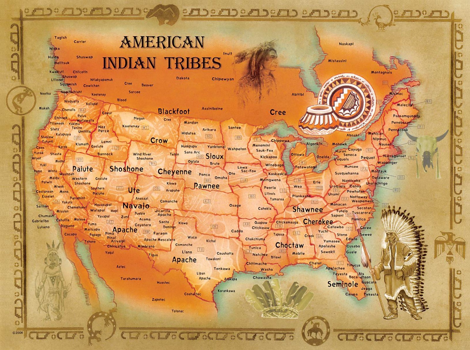 Postcard:  American Indian Tribes Map, 8.25 x 11\