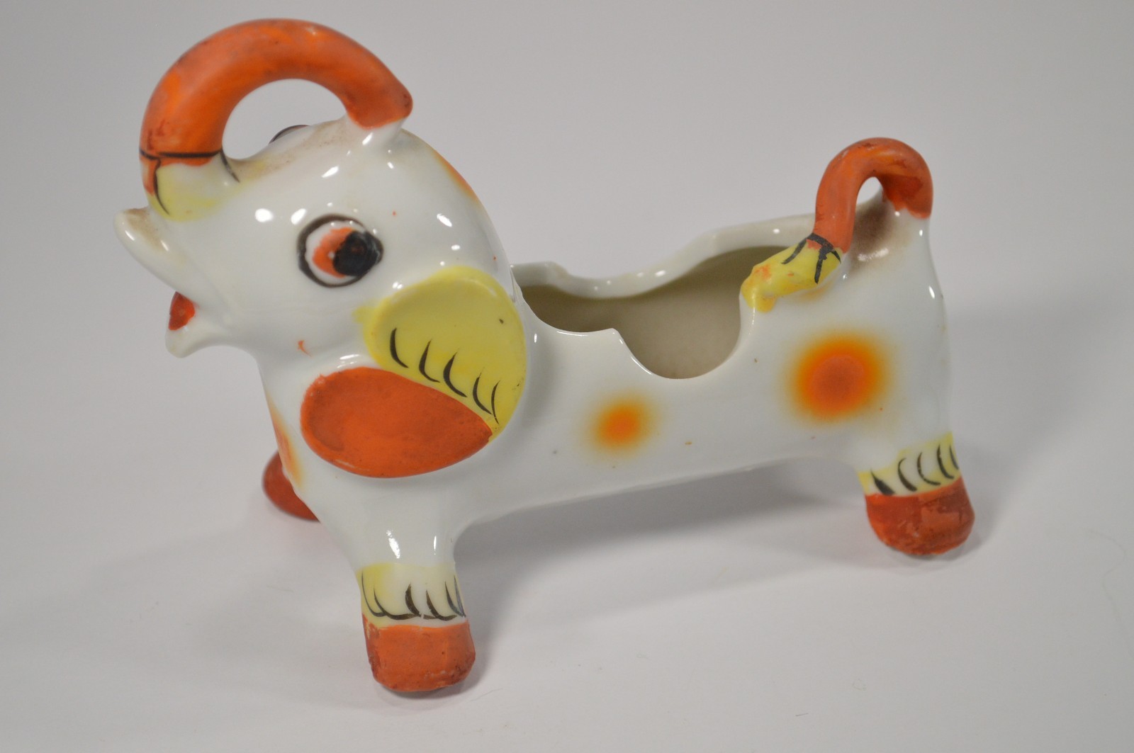 Vintage Ceramic Goat Planter Figurine Orange Yellow Mid Century Kitsch 6 Inch