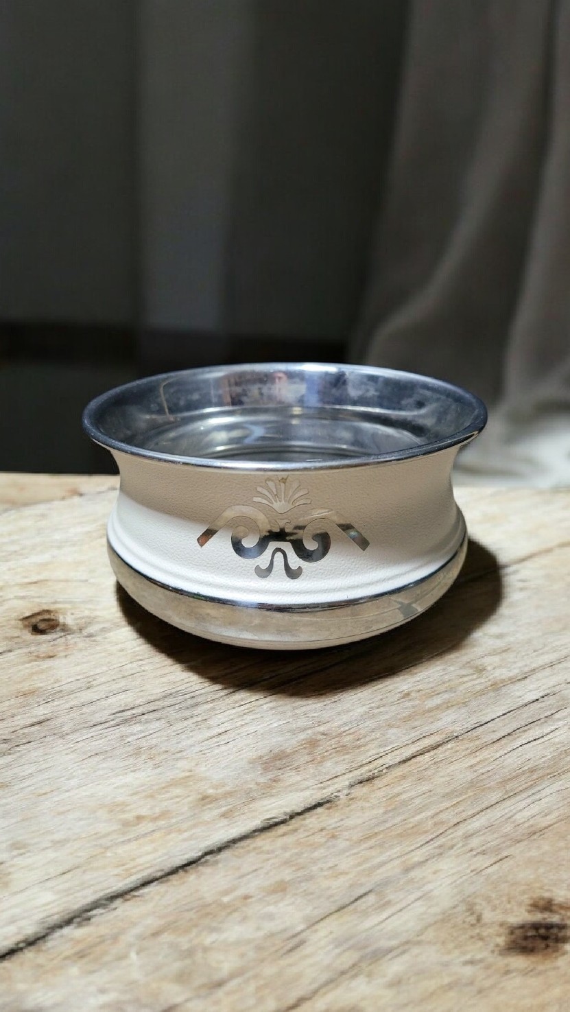Stainless Steel ? Spittoon, Bird Like Monogram Silver & White planter? Bowl? VTG