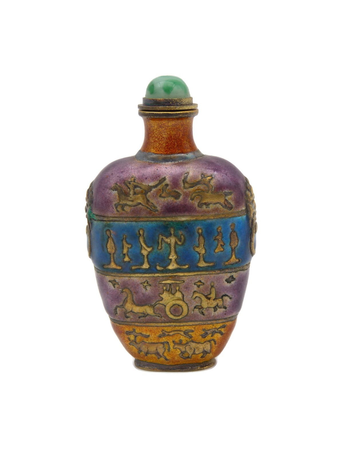 Chinese Enamel on Gilt Brass Snuff Bottle with Archaic Hunting Scenes