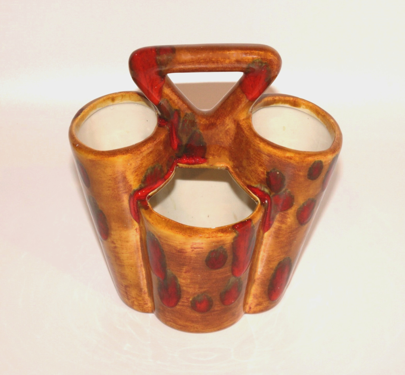 VTG MCM Cluster Planter Vase Pottery Spotted Drip Glaze Handle Brown Red 8\