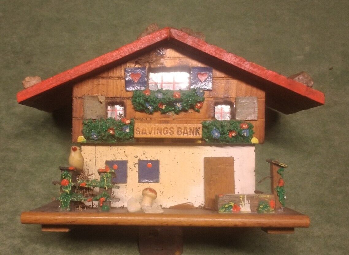 Music Box Bank Vintage Wooden Swiss Chalet Alpine House Savings Tested Works