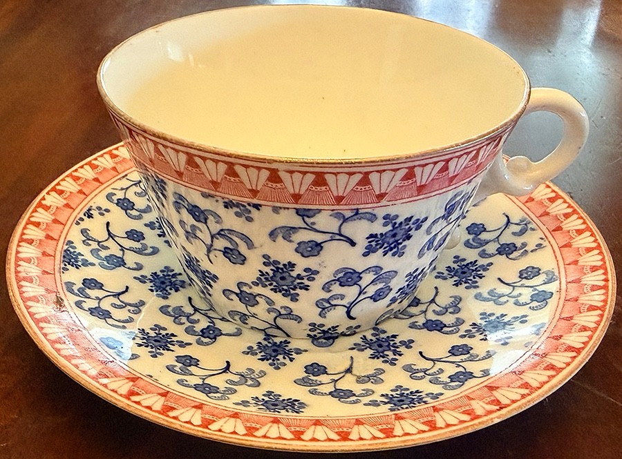 Antique Brownfield & Son Aesthetic Movement Cup & Saucer Set, Pink & Blue Chintz