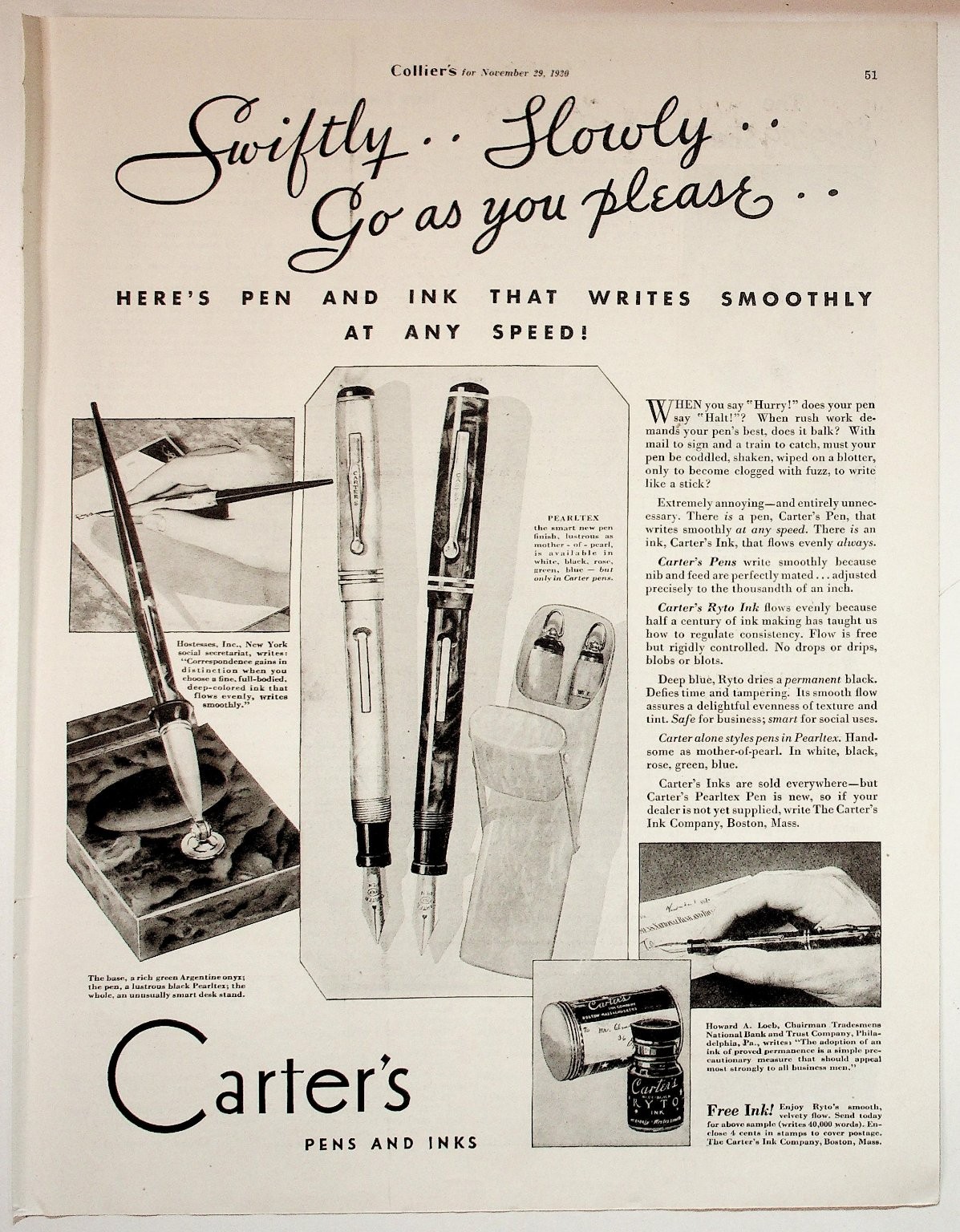 Carter's Vintage 1939 Pen and Ink Print Advertisement Collier's Magazine