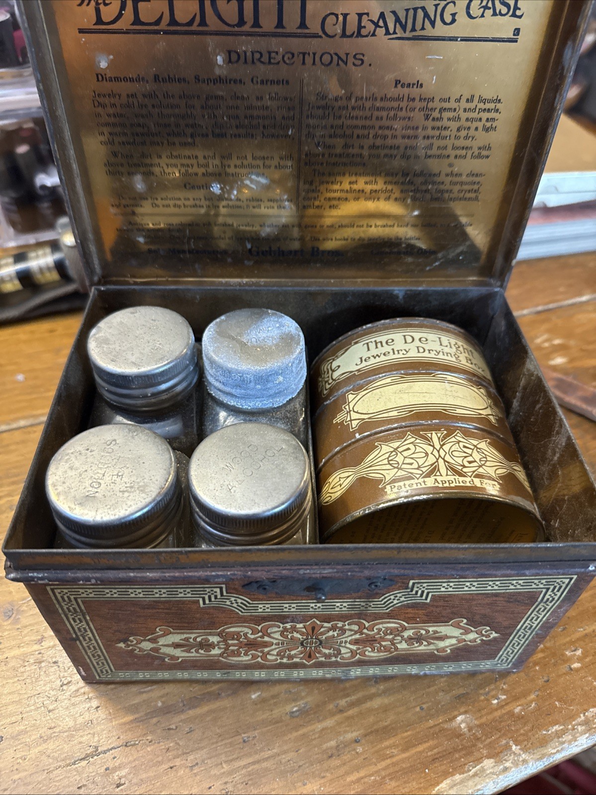 Antique Gebhart Bros Delight Jewelry Cleaner Case Tin Empty Corroded Display