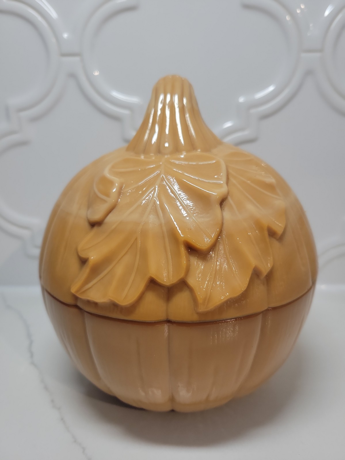 Vtg Longaberger Caramel Slag Milk Glass Covered Pumpkin Dish Candy Bowl Lid USA