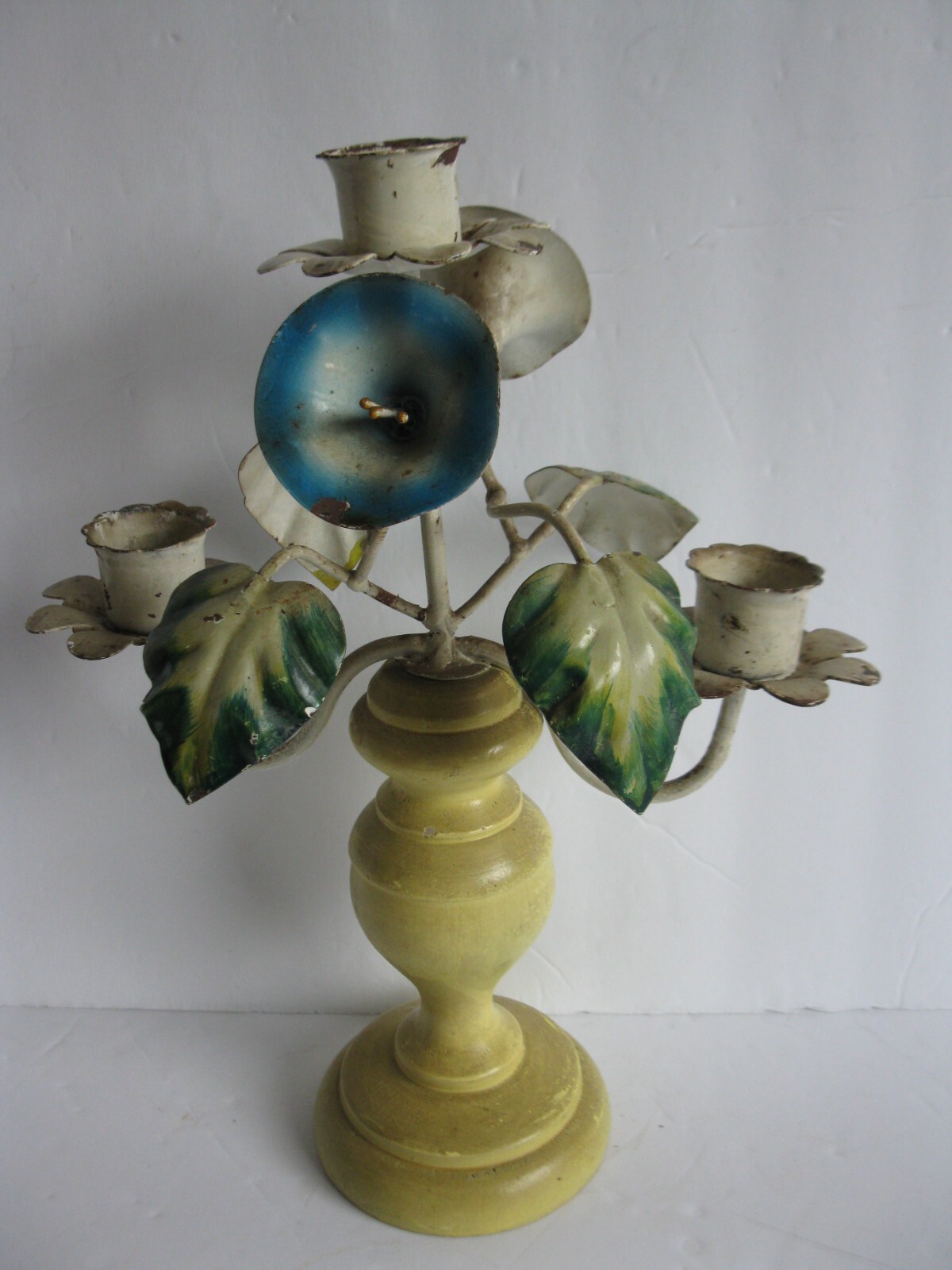 VINTAGE 3 HOLE TOLE WARE FLORAL CANDLE OPERA CANDLESTICK MORNING GLORY FLOWERS