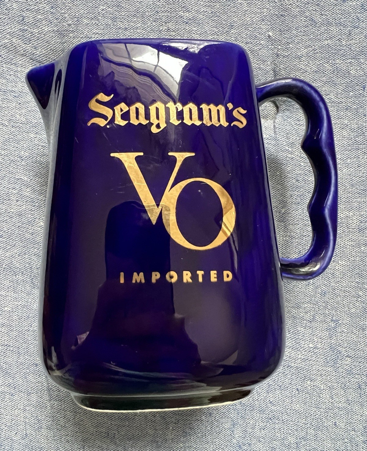 Seagram\'s VO Blue Glass Distillery Advertising Pitcher with Gold Lettering