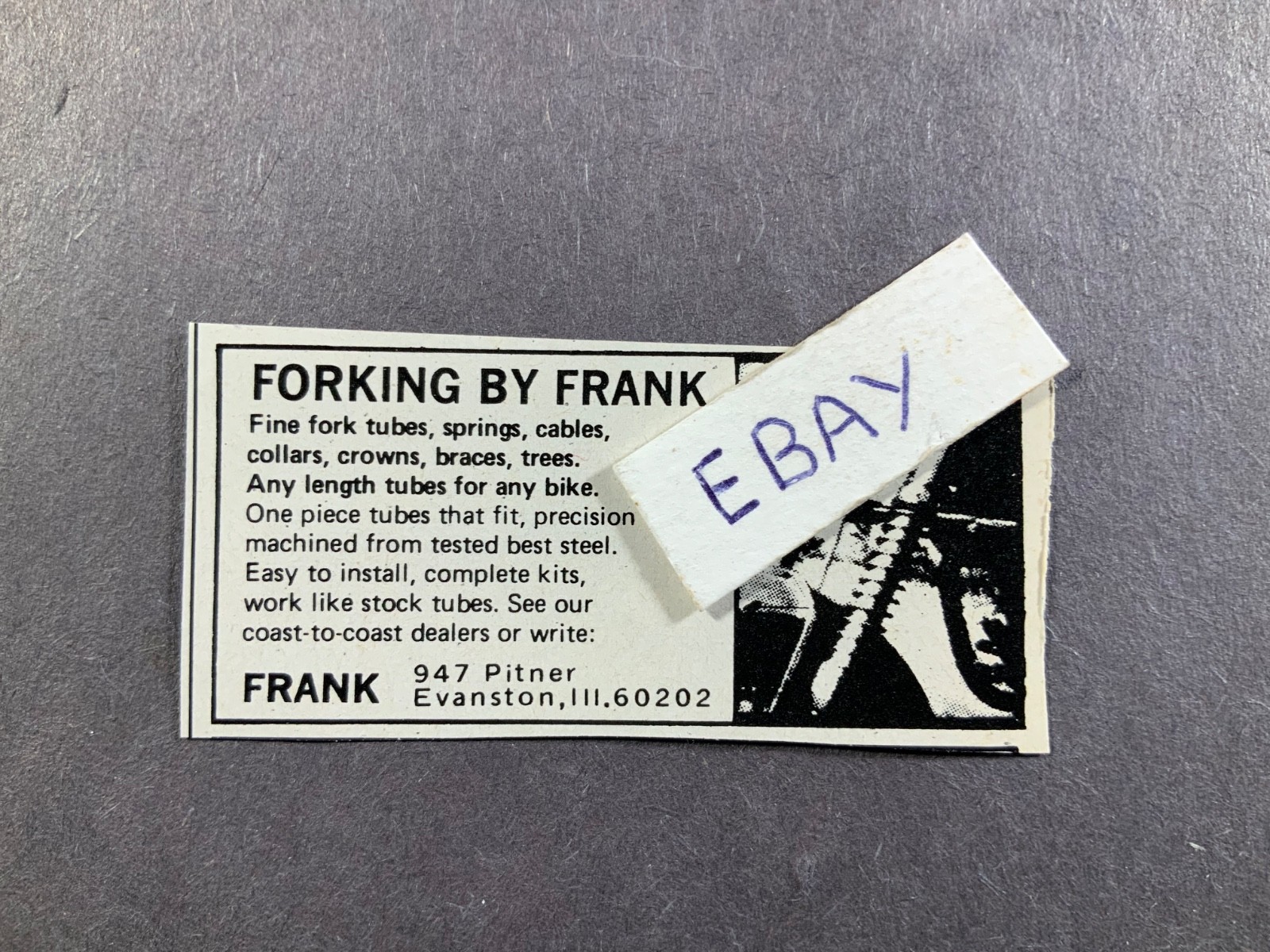 1975 Ad. Frank. Evanston, IL. Forking by Frank. One piece tubes.