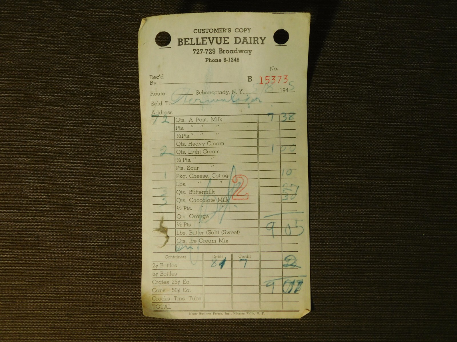 VINTAGE 1945 BELLEVUE DAIRY SCHENECTADY CUSTOMER RECEIPT FOR MILK + VINTAGE 1945 BELLEVUE DAIRY SCHENECTADY CUSTOMER RECEIPT FOR MILK +