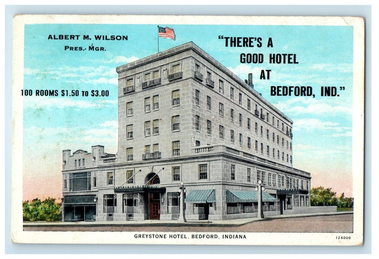 c1930's Greystone Hotel Building Street View Bedford Indiana IN Vintage Postcard
