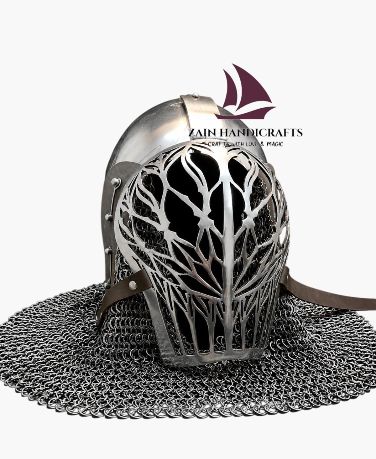 ZAIN Medieval Knight Helmet with Chainmail Aventail Handmade Steel Gothic Helmet