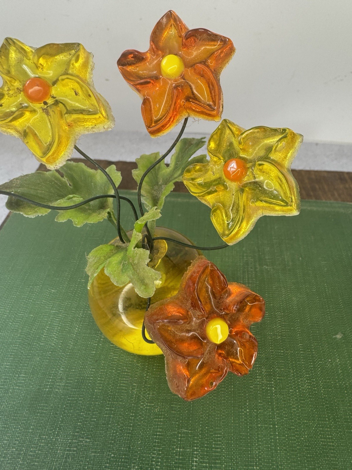 Vintage Lucite Orange Yellow Flowers Bouquet Sculpture on Sphere Base
