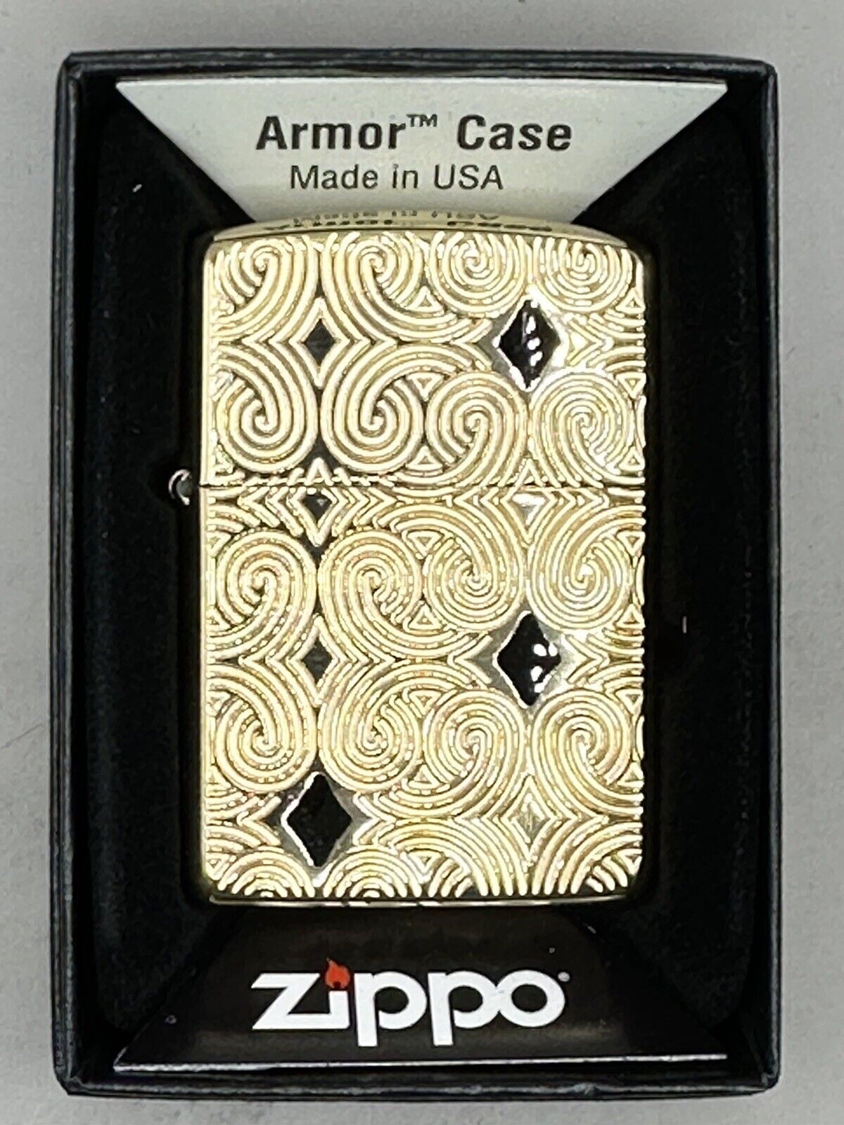Geometric Carved Design W/ Black Diamonds Brass Armor Zippo Lighter NEW 49884