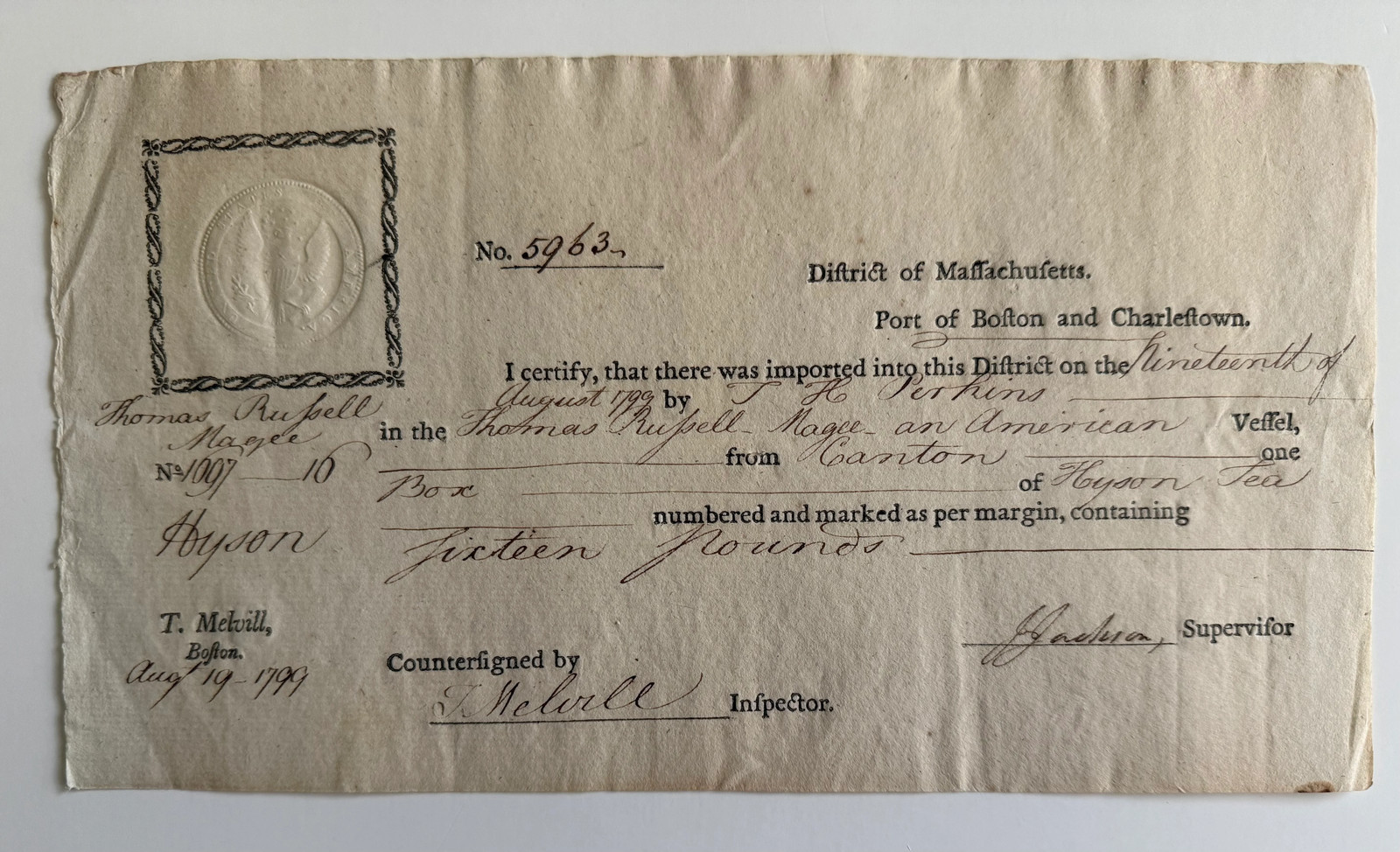 1799 U.S. Customs Certificate — Canton China Trade & Hyson Tea — Boston —