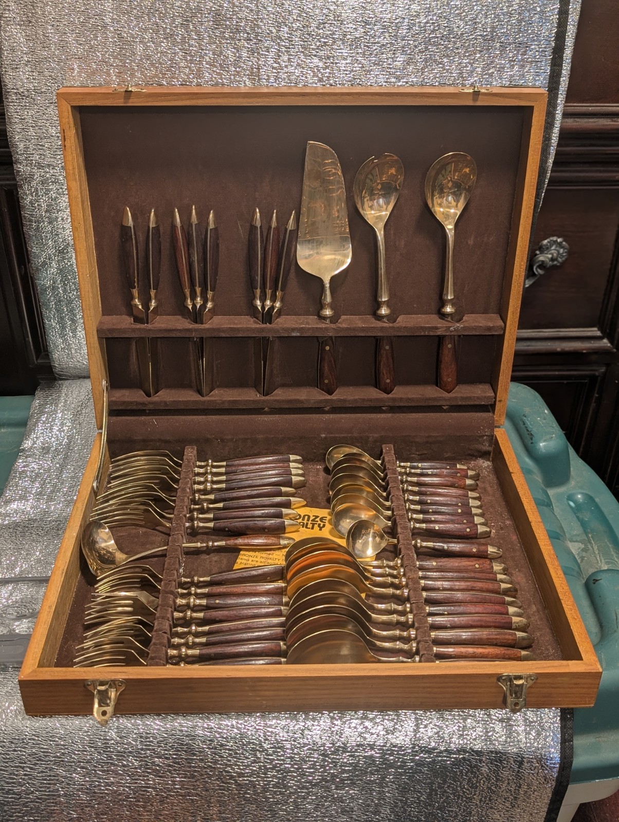 vintage mid-century Jean-Claude bronze and rosewood flatware and serving set 46