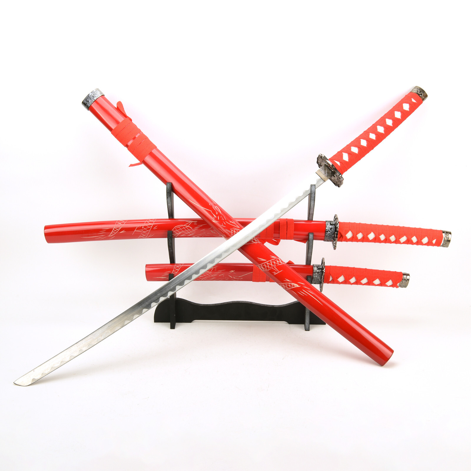 3 Piece Red Dragon Japanese Katana Samurai Swords Set with Display Stand