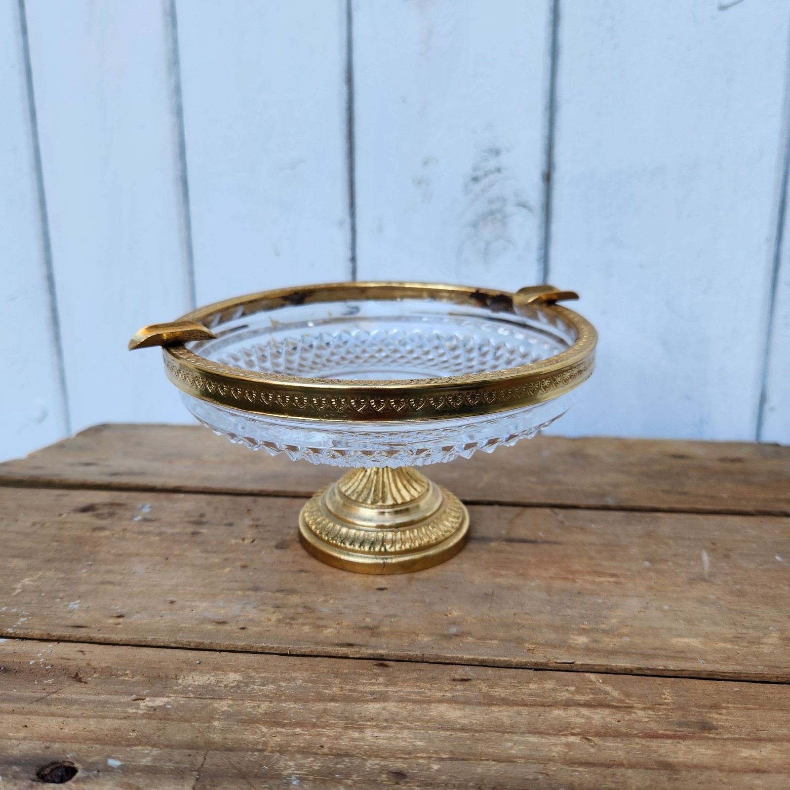 Cut Crystal & Gold Ormolu Ashtray Elegant Vintage Design