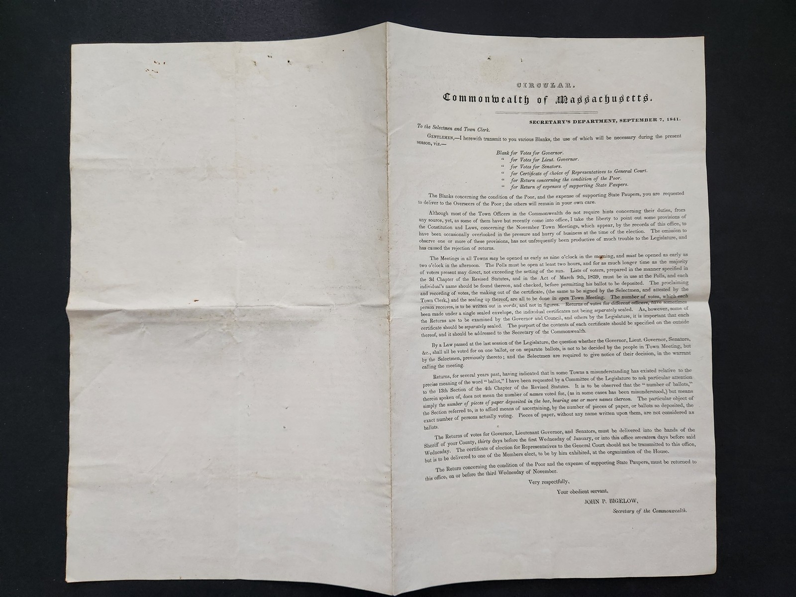 1844 antique MASSACHUSETTS ELECTION CIRCULAR John P Bigelow SECY of Commonwealth