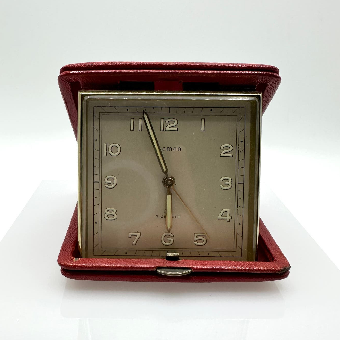 Vintage Semca Swiss Red Jewel Working Travel Clock with Foldable Leather Case