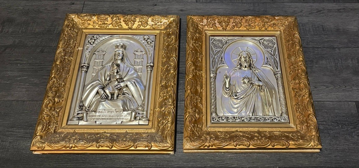Vintage 3D Sacred Heart of Jesus Mary W/ Infant Metal Framed Catholic Art