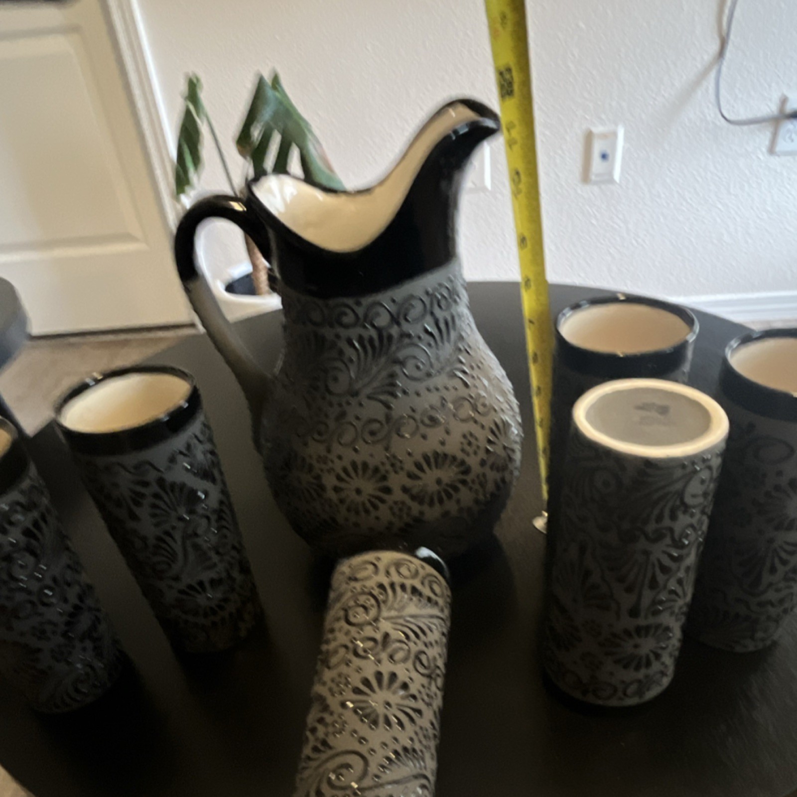 Handmade Mexican Black Ceramic Pitcher & 6 Glasses Set Talavera Style Folk Art