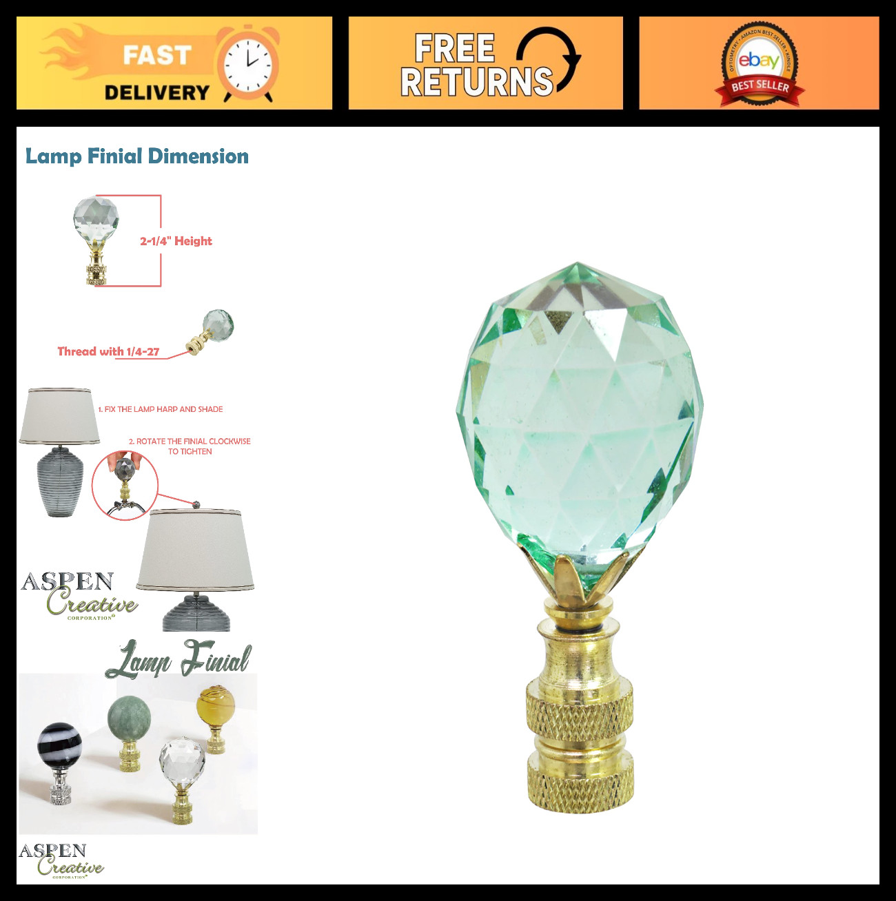 Light Green Faceted Crystal Lamp Finial - Brass Plated, 2.25\