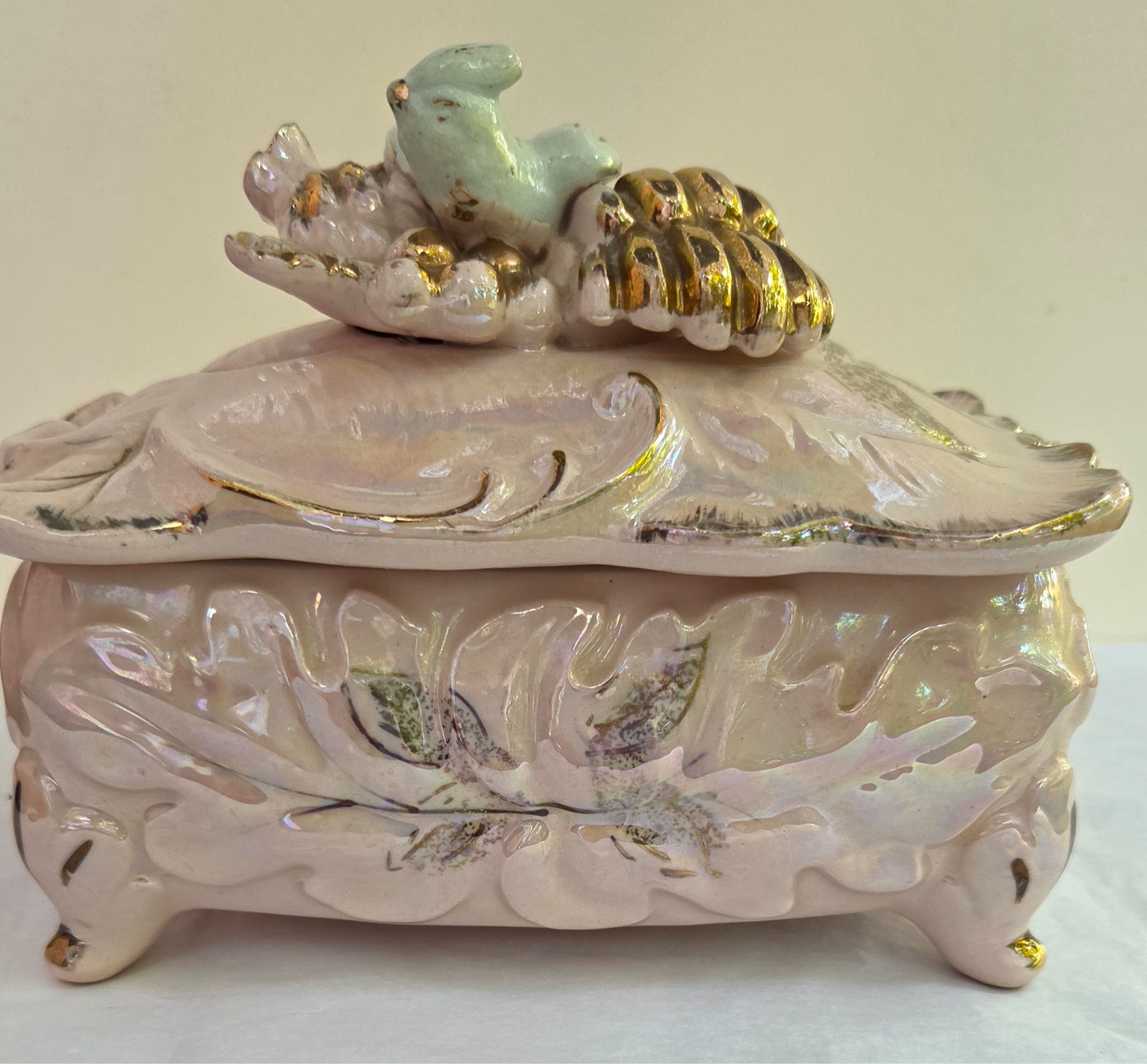 Vintage Mid-Century Japanese Lusterware Pink Iridescent Trinket Jewelry Box with