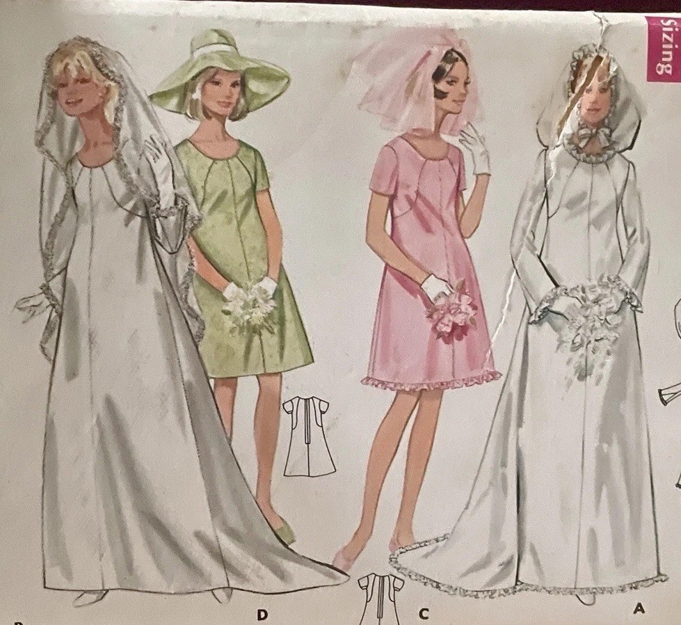 Uncut 1960s MOD WEDDING BRIDAL GOWN DRESS PATTERN VEIL, HOOD BUTTERICK 5131