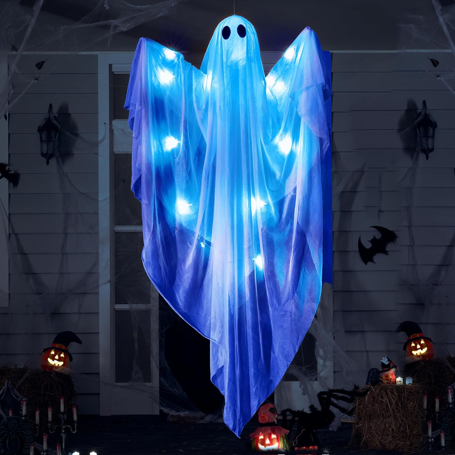 Halloween Hanging Light up Ghost, 47” White Ghosts with Blue LED Light and Timer Halloween Hanging Light up Ghost, 47” White Ghosts with Blue LED Light and Timer
