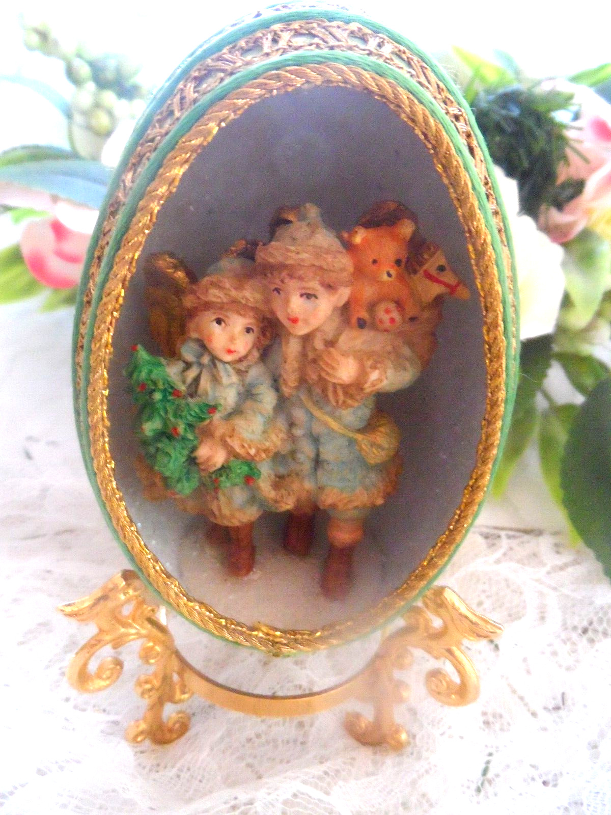 Handmade Vintage  Ornament -REAL GOOSE EGG EMBELLISHED DIORAMA  w/ANGEL CHILDREN