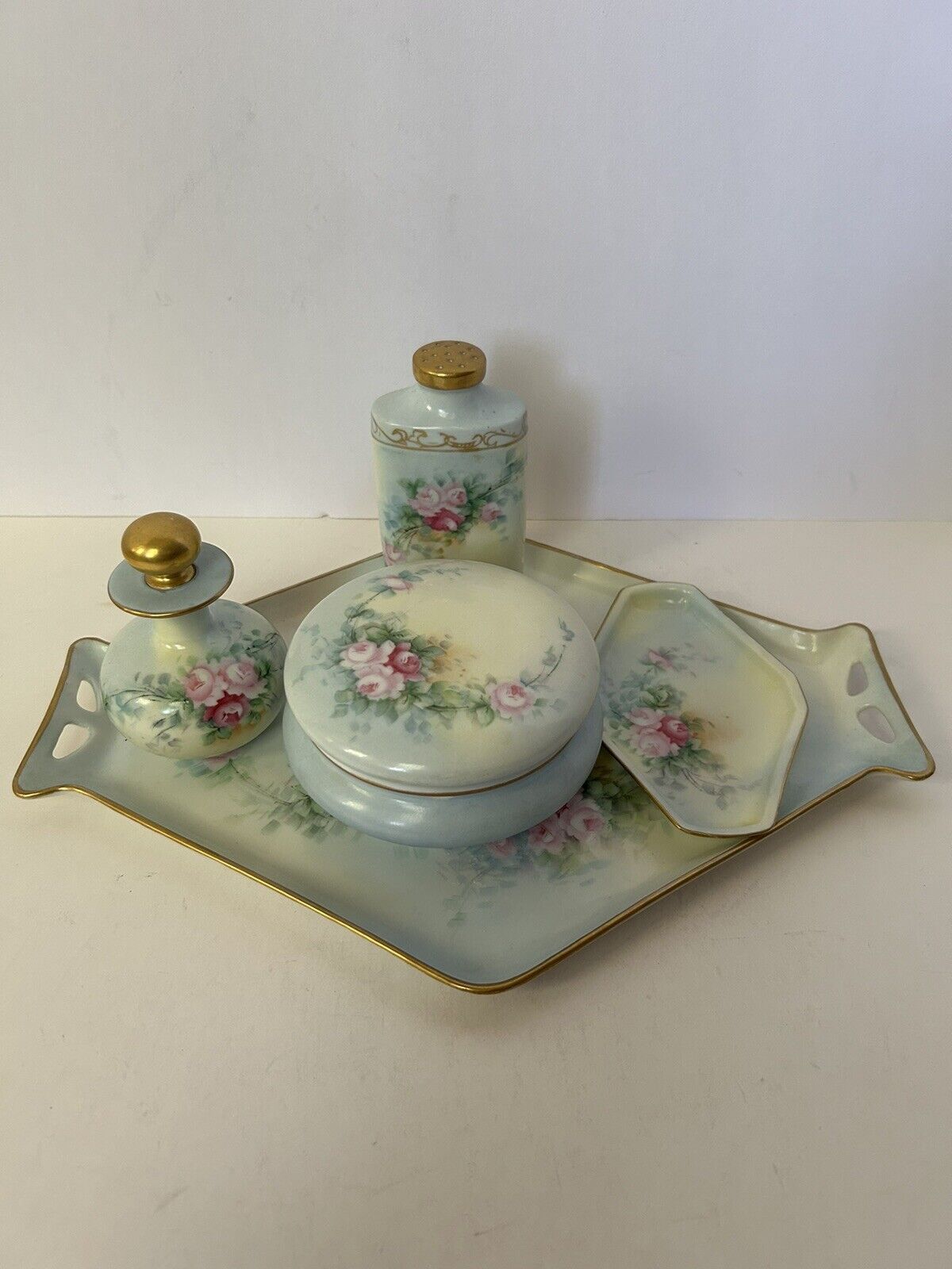 Antique RS Germany Porcelain Dresser Vanity Set Tray 5 Piece Floral Blue Gold