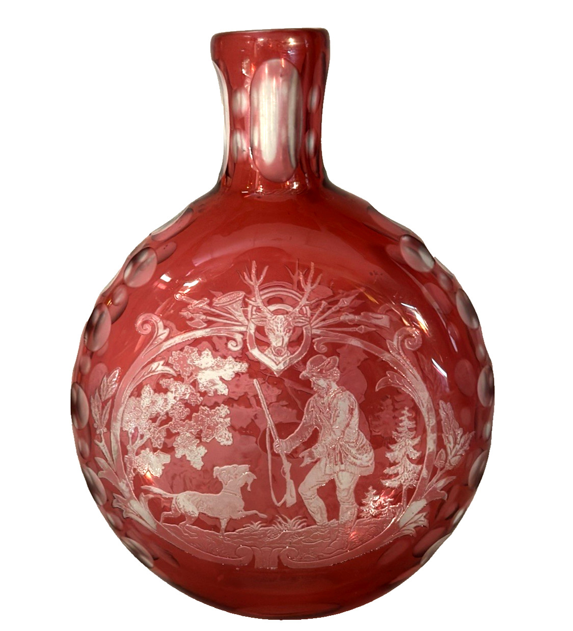 VICTORIAN CRANBERRY GLASS CUT TO CLEAR FLASK WITH HUNTING SCENE