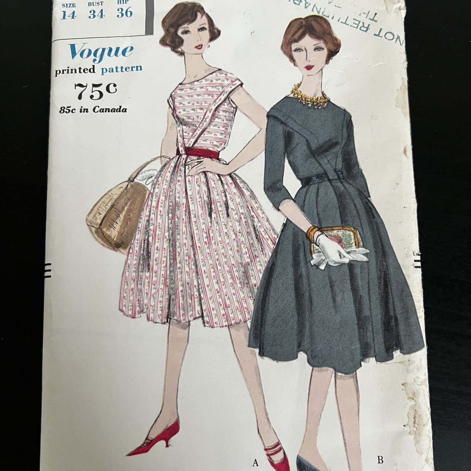 Vintage 1950s Vogue 9741 Center Front Full Skirt Dress Sewing Pattern 14 XS CUT