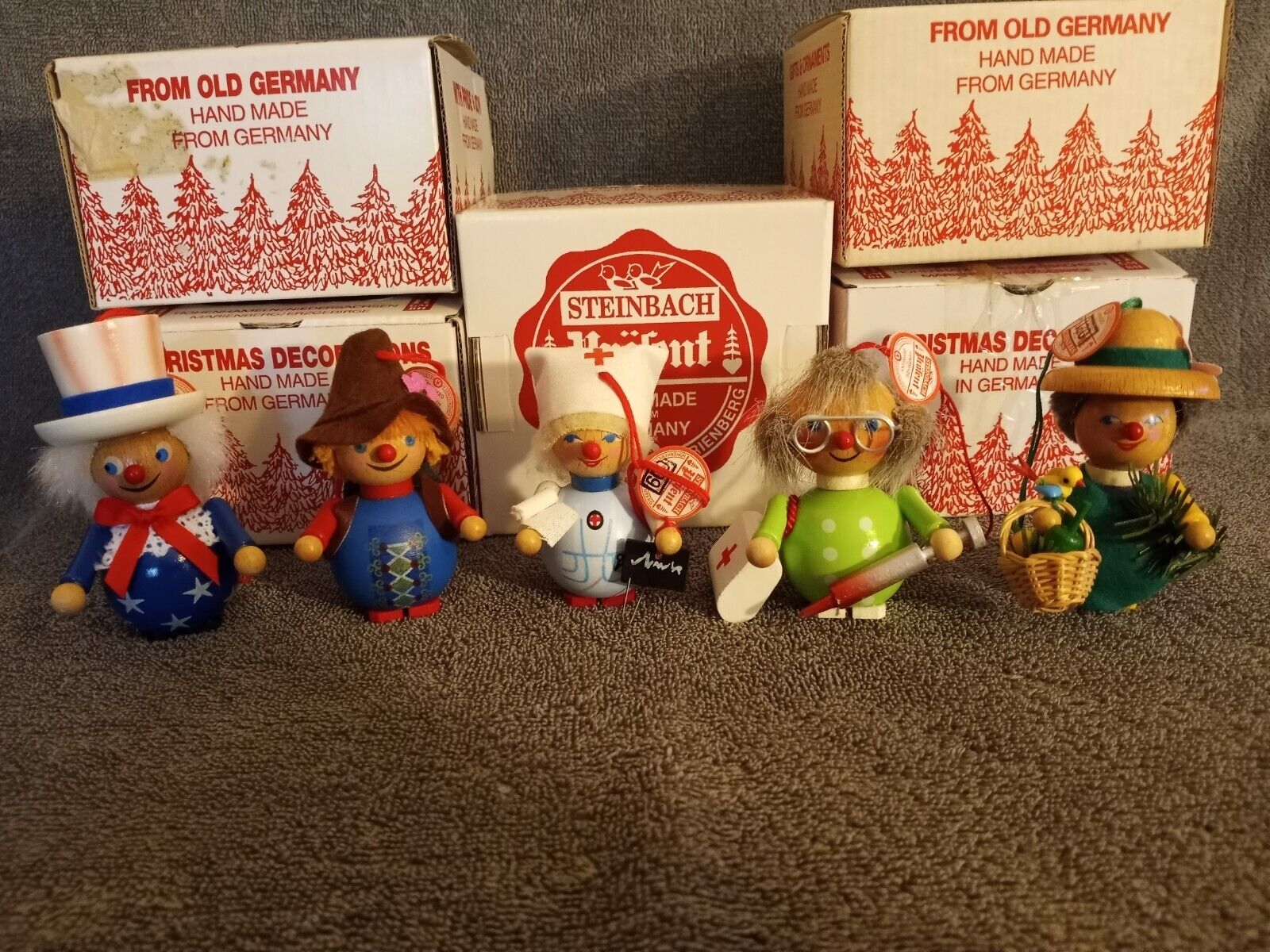 5 Vintage Steinbach Ornaments , Mint, Orignal Boxes and Tags. Never Used.