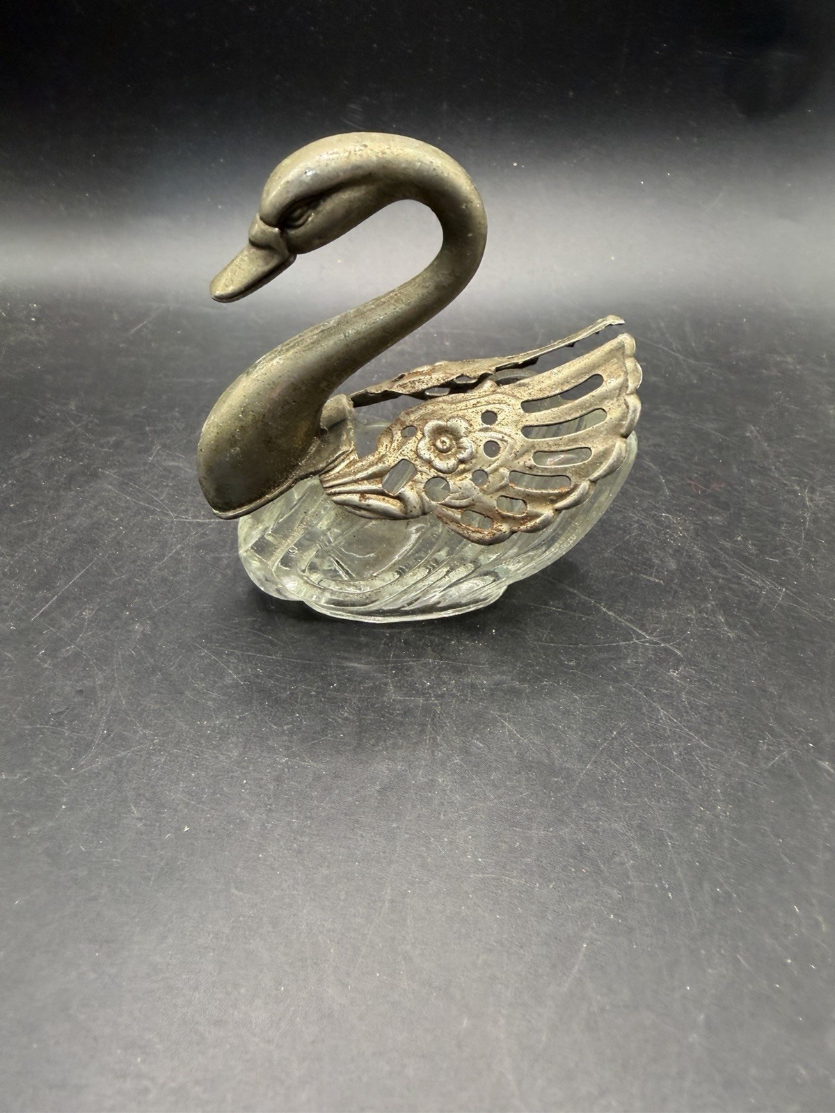 Vintage Glass Swan Salt Cellar Silver Tone Articulated Movable Wings AS IS