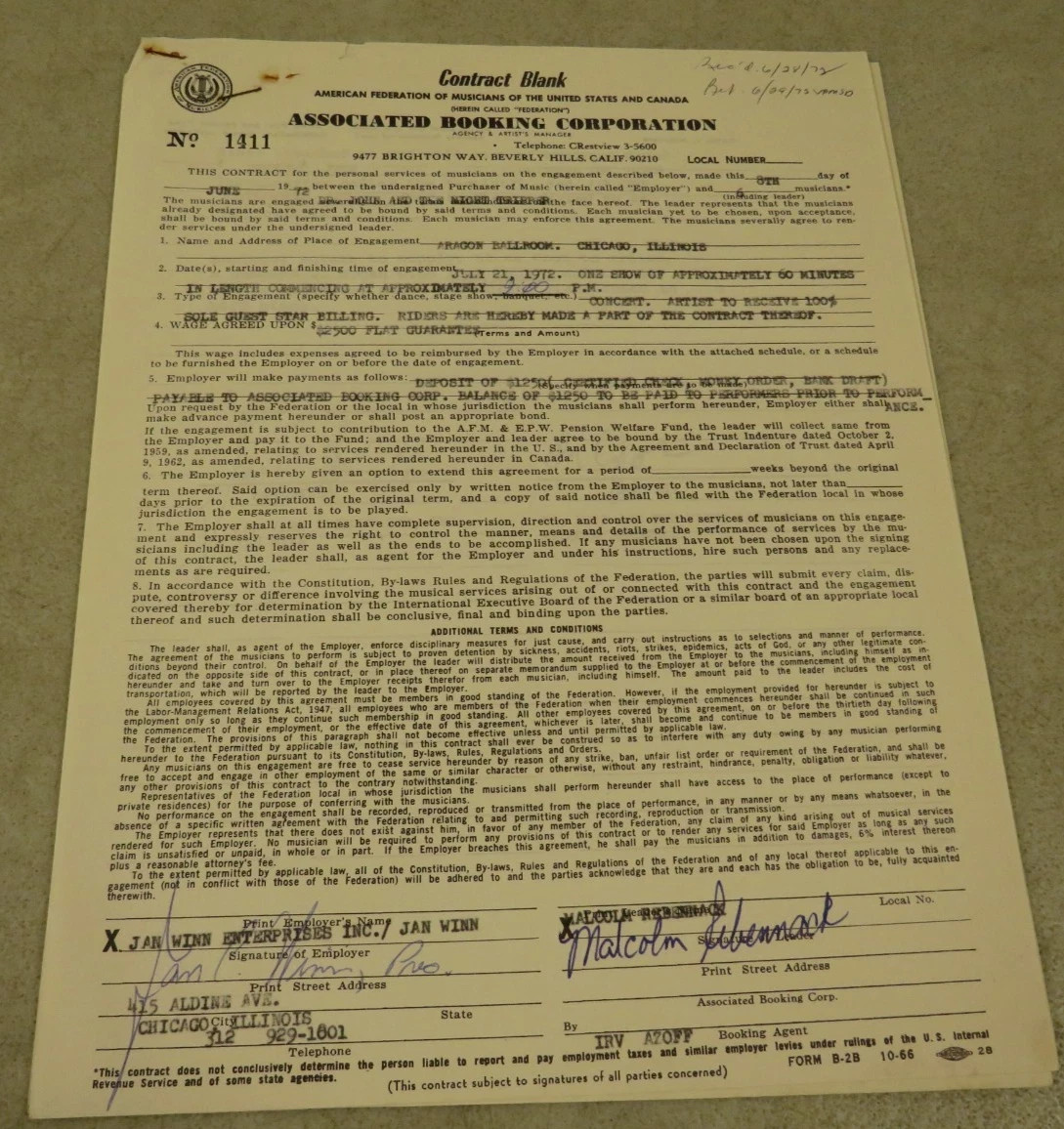 1972 Dr John Signed Contract Mac Rebennack Autograph Aragon Ballroom Chicago wow 1972 Dr John Signed Contract Mac Rebennack Autograph Aragon Ballroom Chicago wow