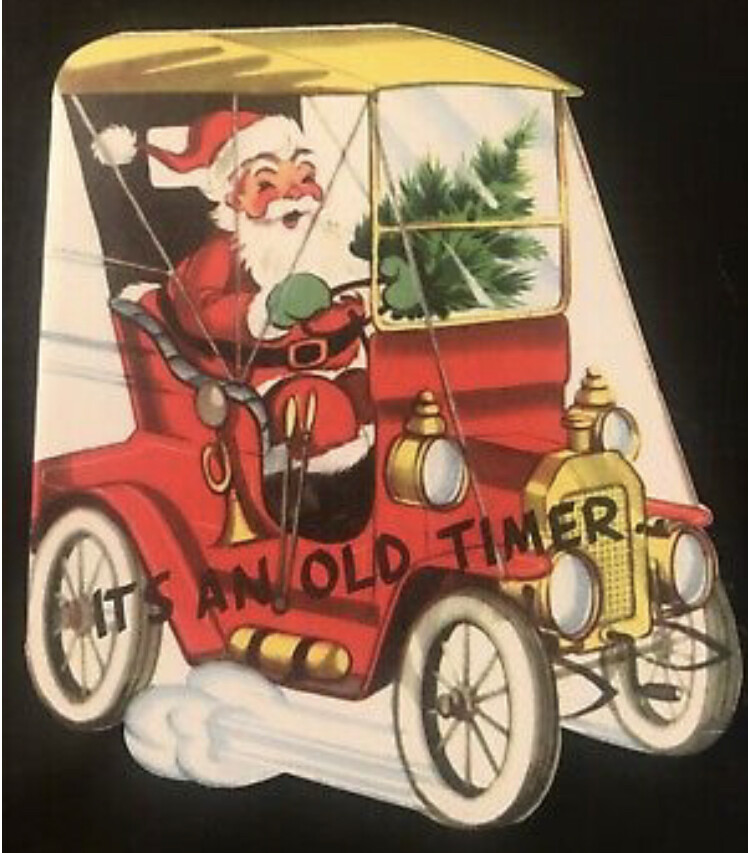 RARE Vintage Christmas Card Santa Driving A Car Mid Century Unused Envelope