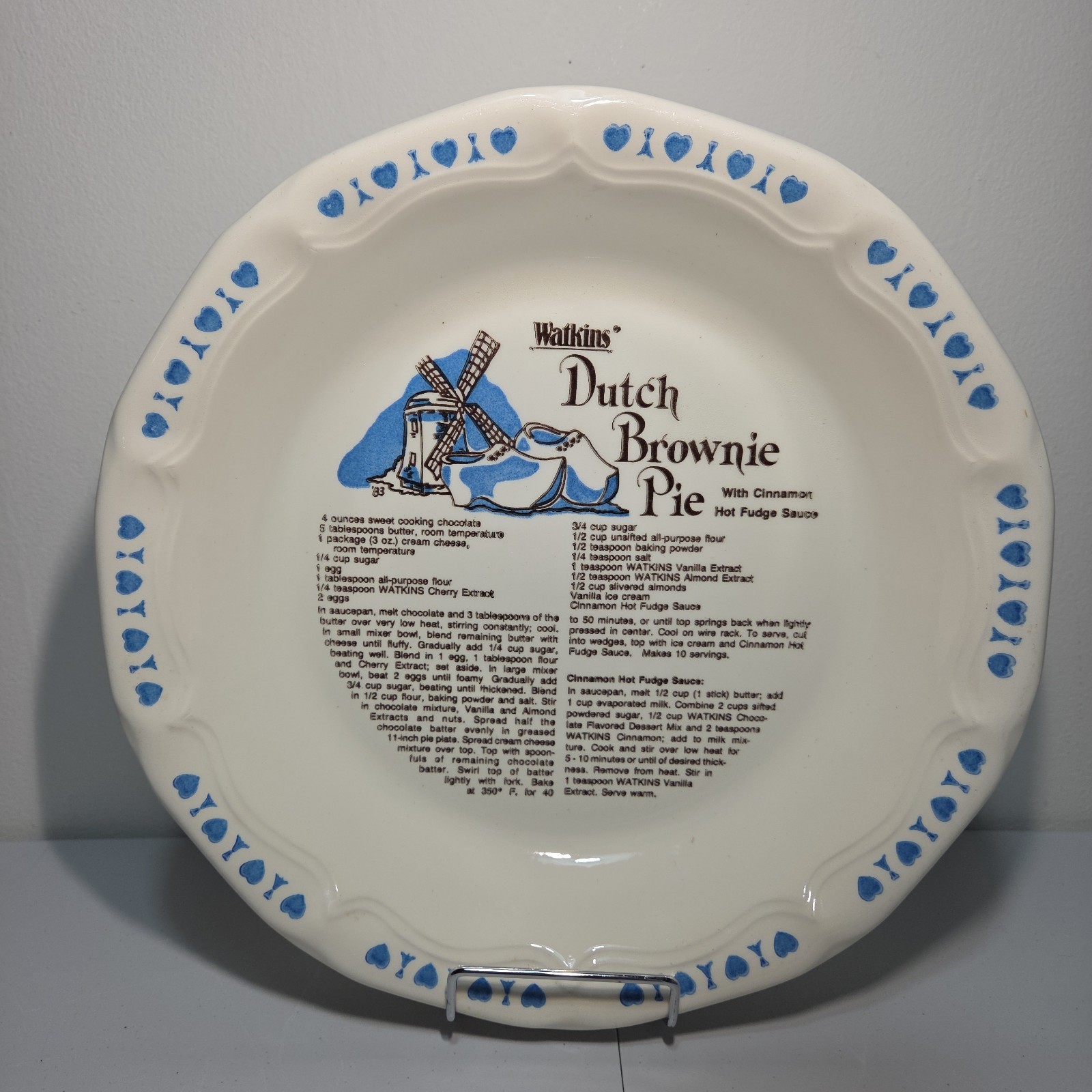 Vintage 1983 Watkins Dutch Brownie Pie Recipe Ceramic Pie Dish 6482 USA