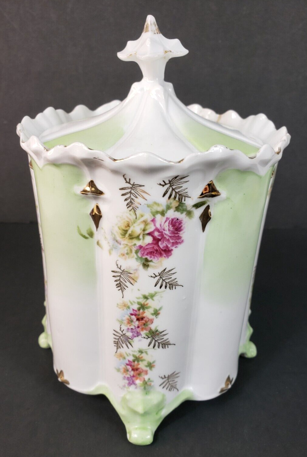 Saxe Altenburg Germany Medium Canister Footed Green Floral Lid Porcelain Antique