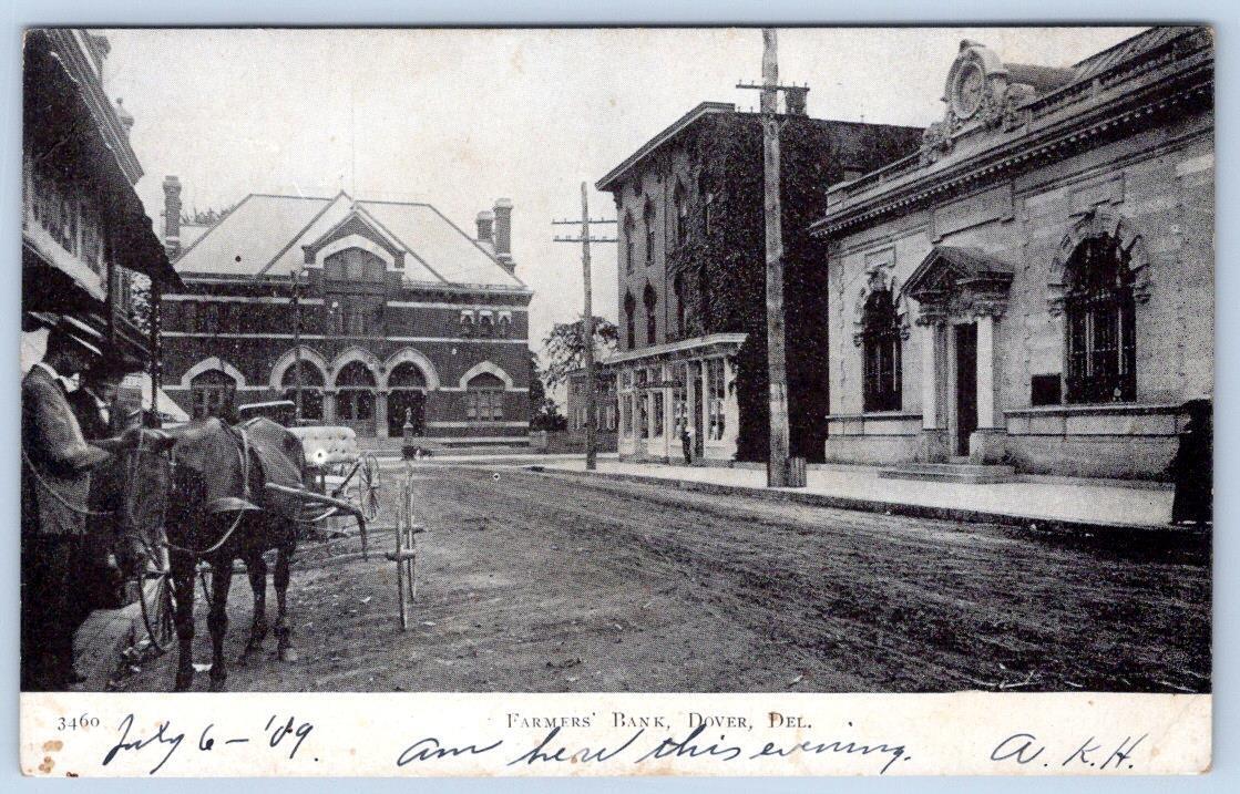 1908 FARMER'S BANK DOVER DELAWARE DIRT ROAD HORSE & BUGGY ANTIQUE POSTCARD