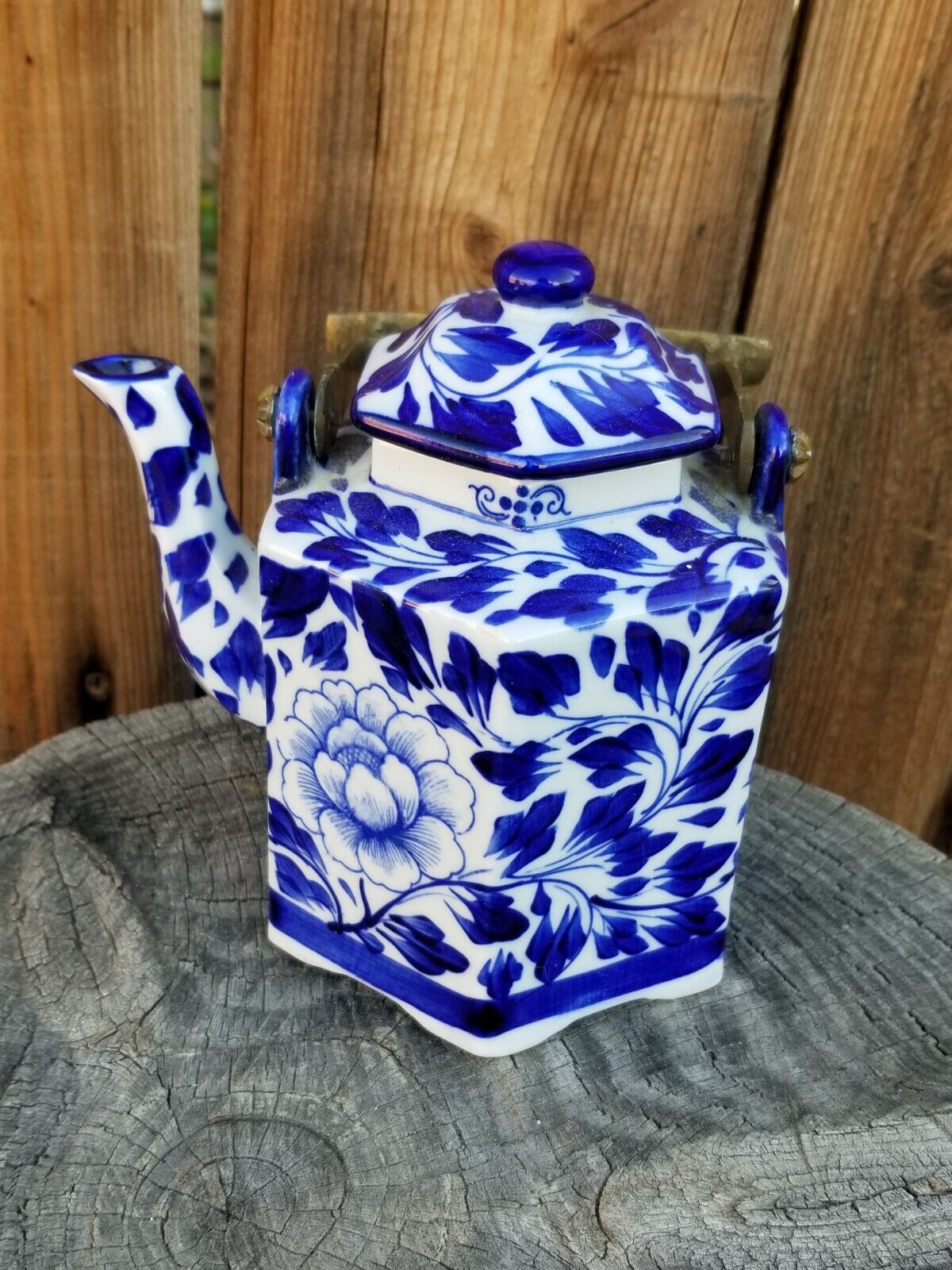 Vintage Hancrafted Signed Blue & White Floral Teapot From Thailand 6 Inches Tall