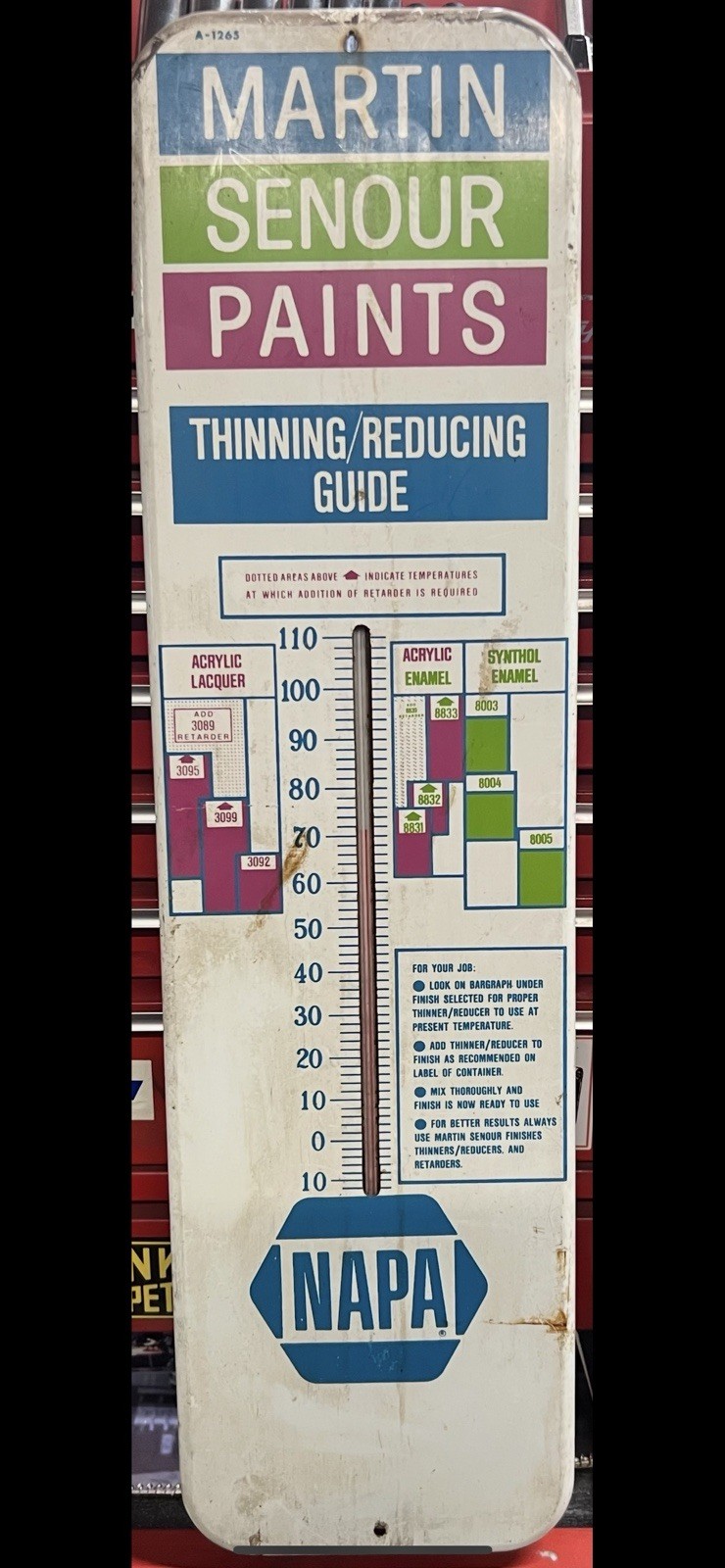 Vintage 1960s NAPA Martin Senour Paints Tin Metal Advertising Thermometer 27”
